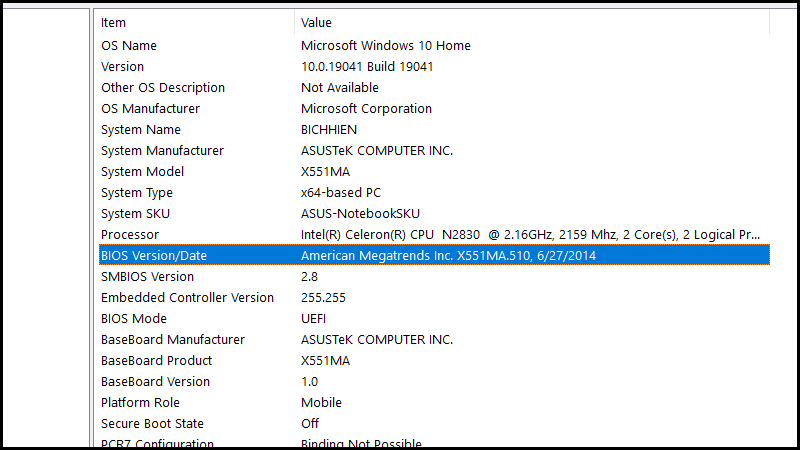 Xem phi&ecirc;n bản BIOS